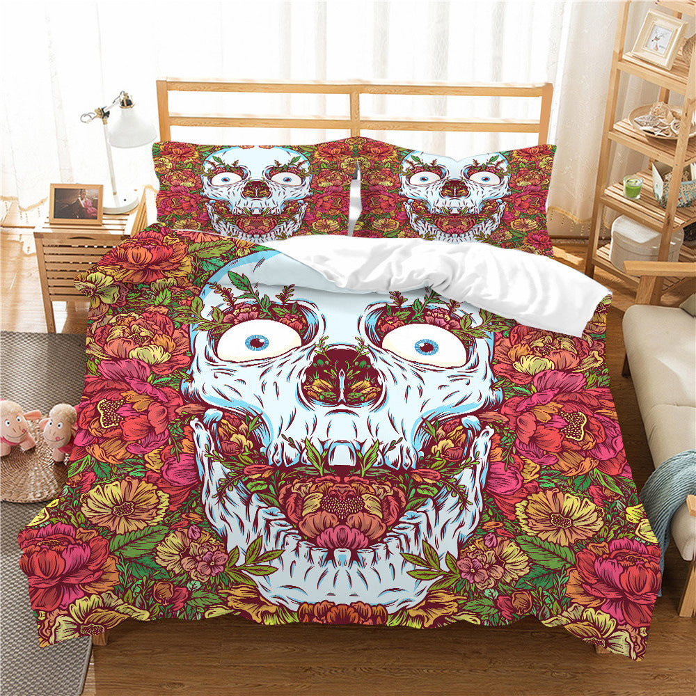 HKM-193427 3D Printed Skull Three-Piece Bedding Set with Duvet Cover, Sheet, and Pillowcase, 200x230cm