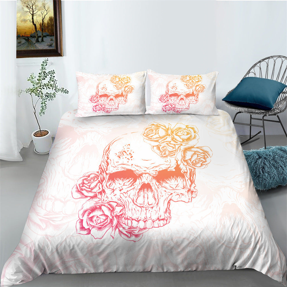 HKM-193427 3D Printed Skull Three-Piece Bedding Set with Duvet Cover, Sheet, and Pillowcase, 200x230cm