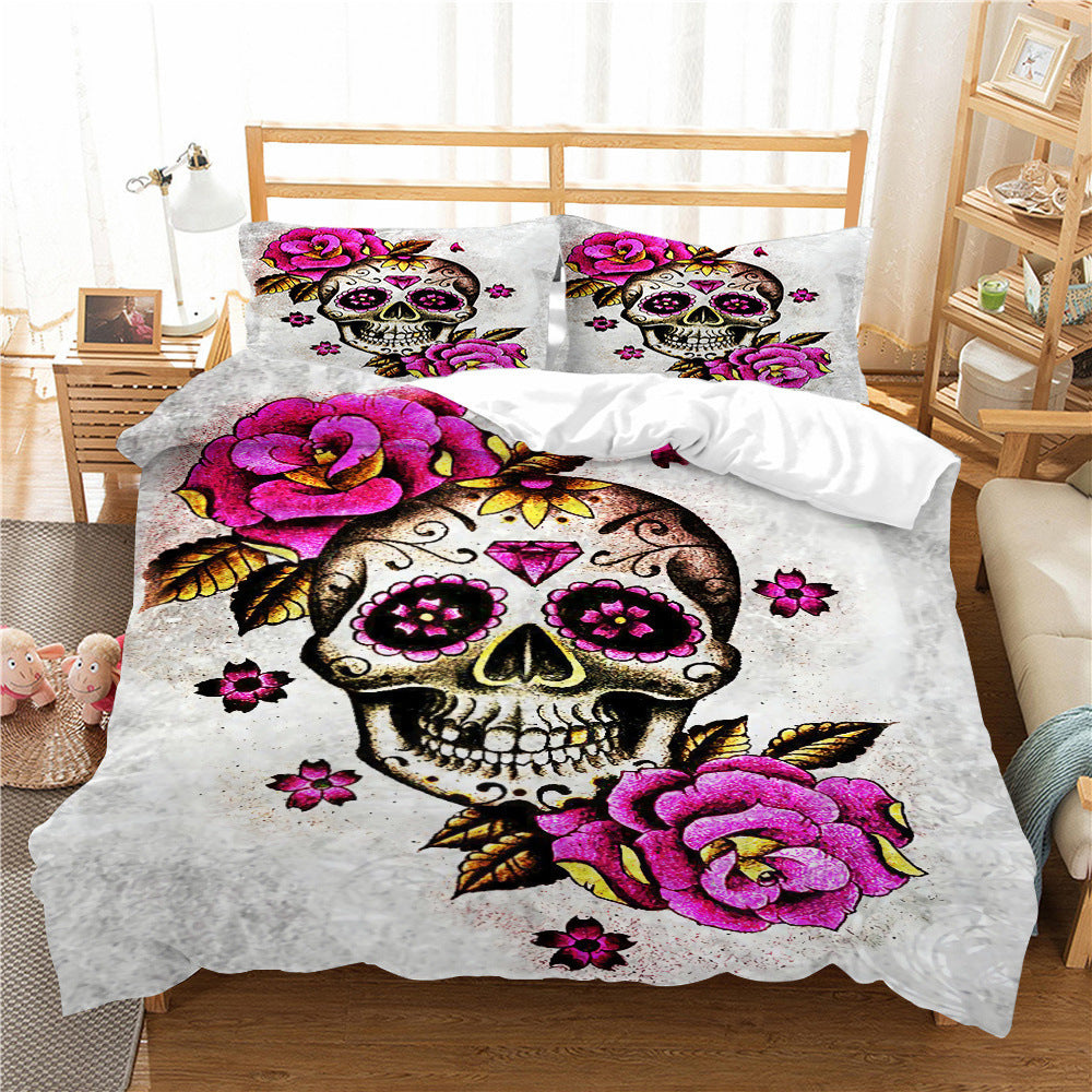 HKM-193427 3D Printed Skull Three-Piece Bedding Set with Duvet Cover, Sheet, and Pillowcase, 200x230cm