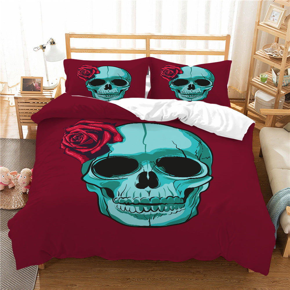 HKM-193427 3D Printed Skull Three-Piece Bedding Set with Duvet Cover, Sheet, and Pillowcase, 200x230cm