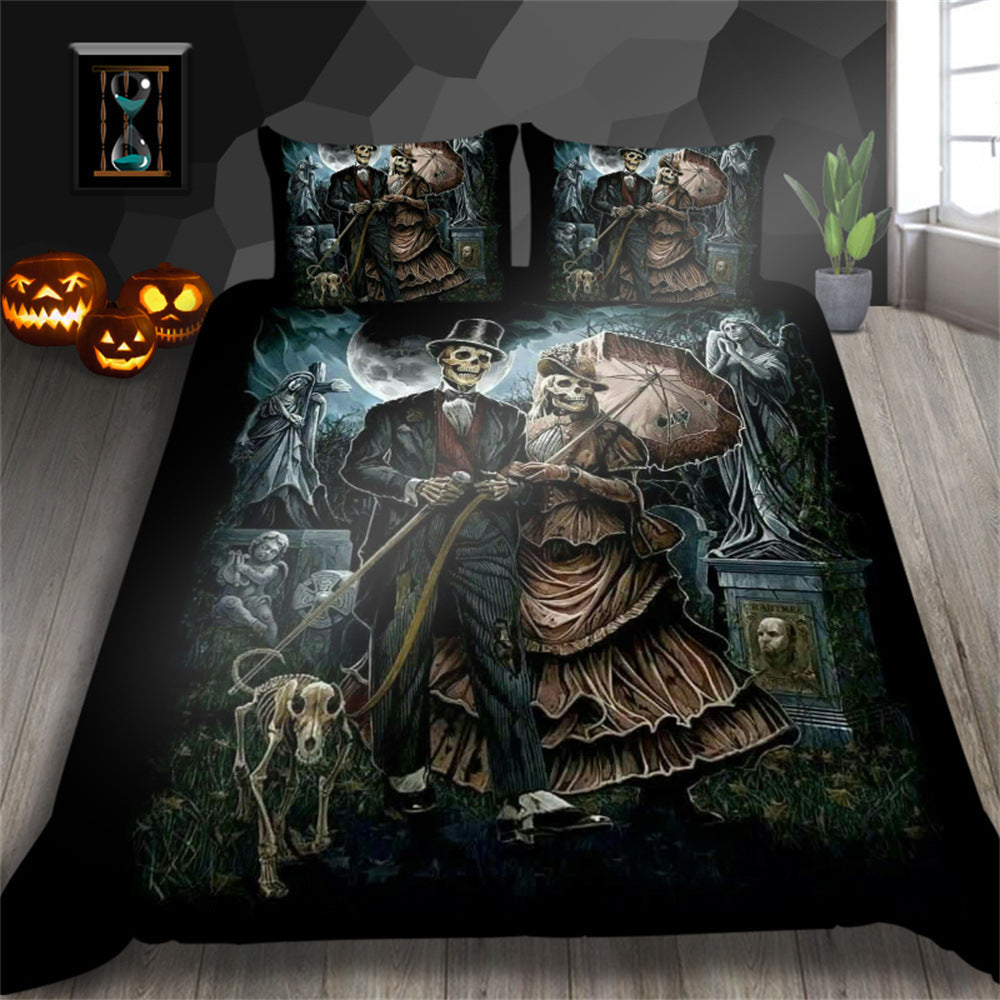 HKM-193427 3D Printed Skull Three-Piece Bedding Set with Duvet Cover, Sheet, and Pillowcase, 200x230cm