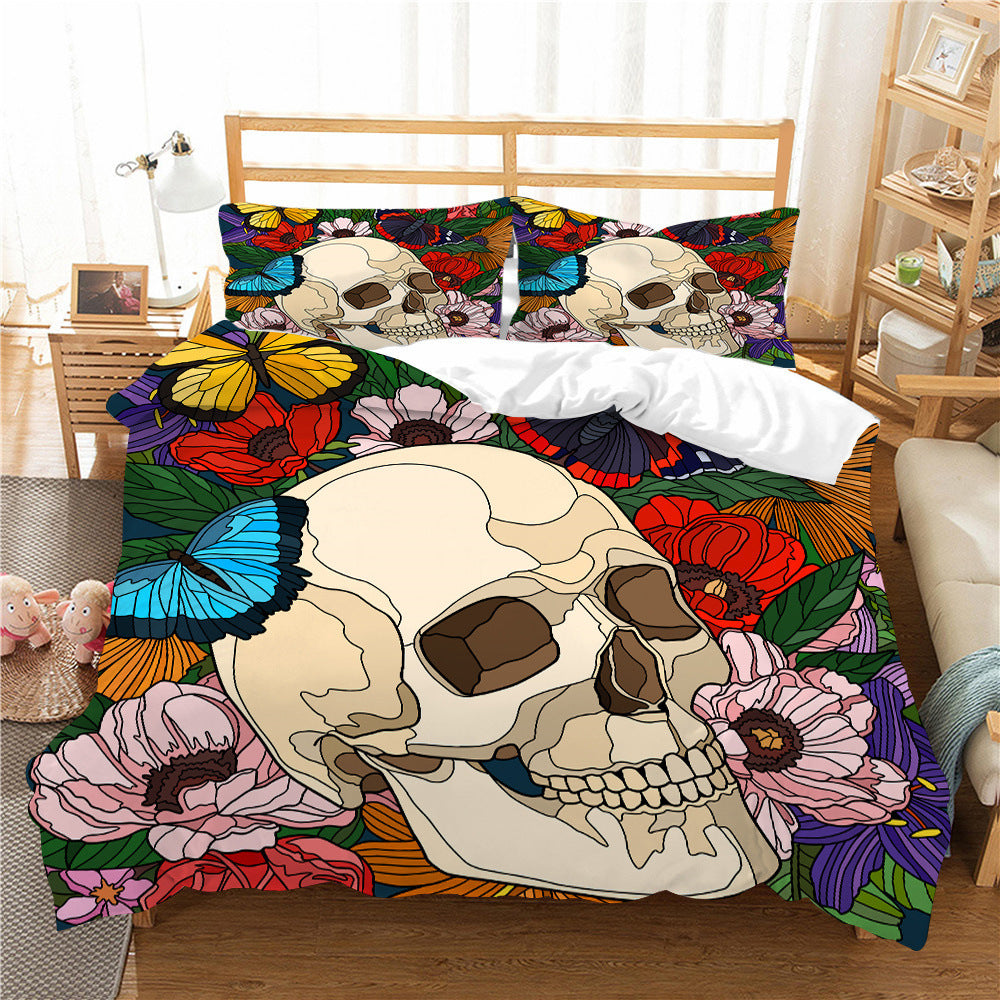 HKM-193427 3D Printed Skull Three-Piece Bedding Set with Duvet Cover, Sheet, and Pillowcase, 200x230cm