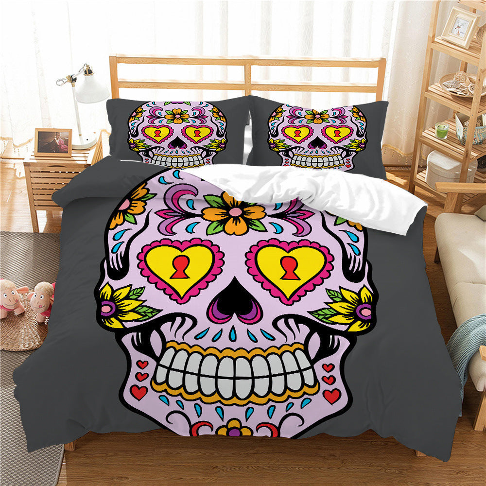 HKM-193427 3D Printed Skull Three-Piece Bedding Set with Duvet Cover, Sheet, and Pillowcase, 200x230cm