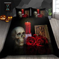 HKM-193427 3D Printed Skull Three-Piece Bedding Set with Duvet Cover, Sheet, and Pillowcase, 200x230cm