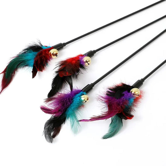 HKM-193555 Rainbow Color Feather Toys Funny Cat Stick Plush Feathers With Bells Teaser Stick Interactive Pet Cat Playing Training Toy