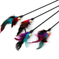 HKM-193555 Rainbow Color Feather Toys Funny Cat Stick Plush Feathers With Bells Teaser Stick Interactive Pet Cat Playing Training Toy