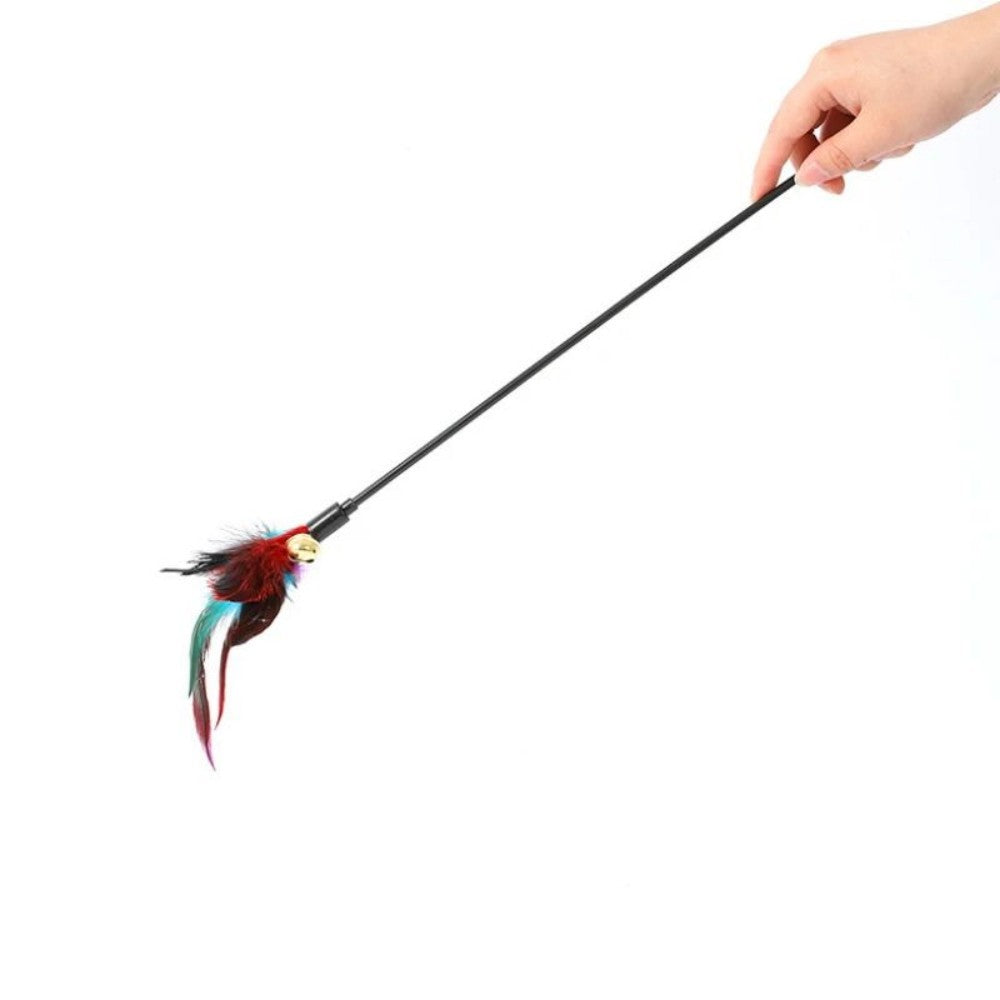 HKM-193555 Rainbow Color Feather Toys Funny Cat Stick Plush Feathers With Bells Teaser Stick Interactive Pet Cat Playing Training Toy