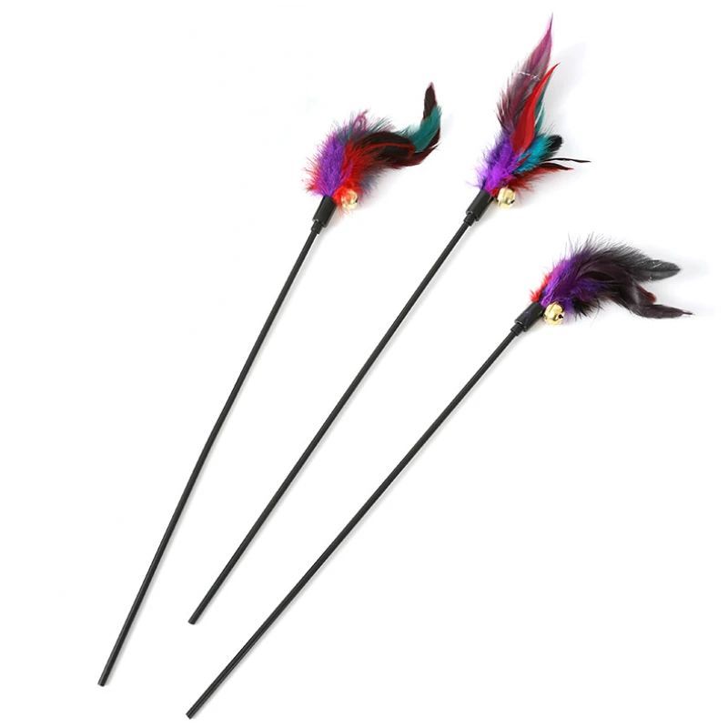 HKM-193555 Rainbow Color Feather Toys Funny Cat Stick Plush Feathers With Bells Teaser Stick Interactive Pet Cat Playing Training Toy
