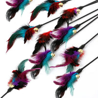 HKM-193555 Rainbow Color Feather Toys Funny Cat Stick Plush Feathers With Bells Teaser Stick Interactive Pet Cat Playing Training Toy