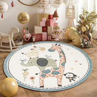 HKM-194003 Round Cartoon Floor Mat for Bedroom - Cute Animal & Dinosaur Designs, Machine Washable Polyester Fiber, Multiple Sizes Available