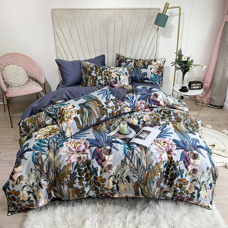 HKM-194579 Cotton Plant Flower Duvet Cover Set, Long-staple Cotton Bedding, 4-Piece Full Set for Various Bed Sizes