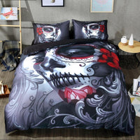 HKM-195731 Halloween Floral Skull Bedding Set - Queen & King Sizes, Cotton Blend Duvet Cover and Bed Sheet