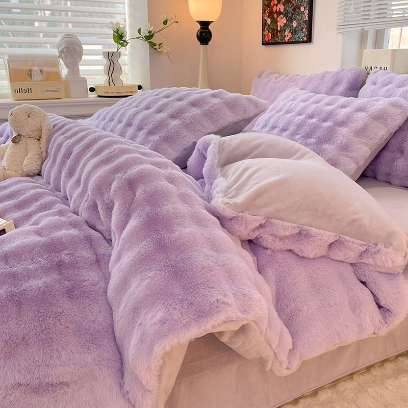 HKM-195731 Milk Fiber Thermal Coral Fleece 4-Piece Bedding Set for Various Bed Sizes