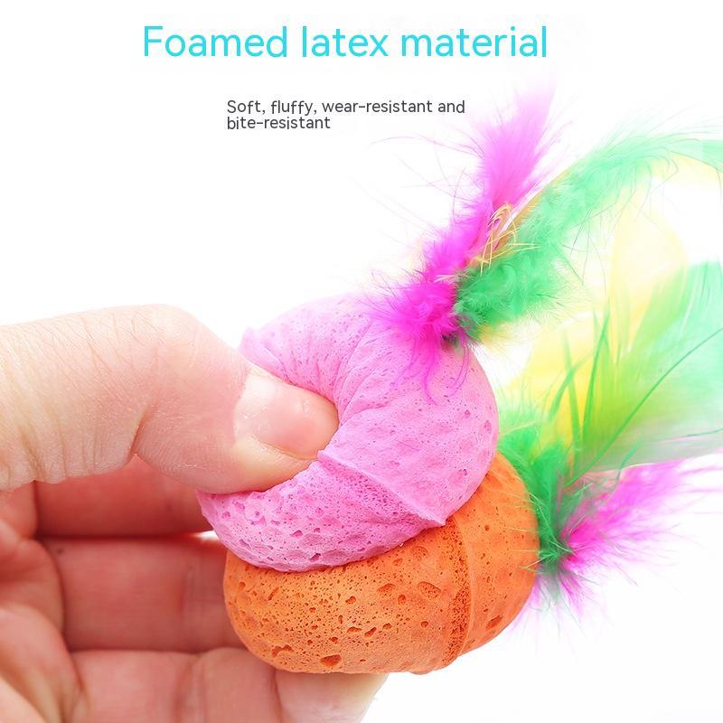 HKM-195859 Pet Cat Toy Ball Latex Color Foam Band Feather Interaction