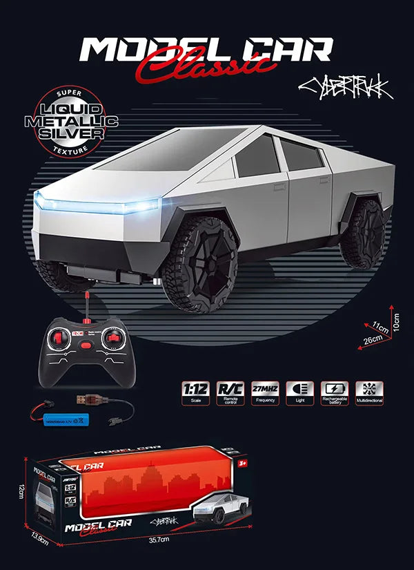HKM-196371 1:24 Scale Remote-Controlled Alloy Cybertruck Pickup with Sound and Light Features for Kids