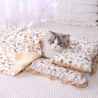 HKM-196371 Cotton Three-Piece Cat Mattress Set with Blanket for Pets in Apricot, Blue, and Pink Patterns