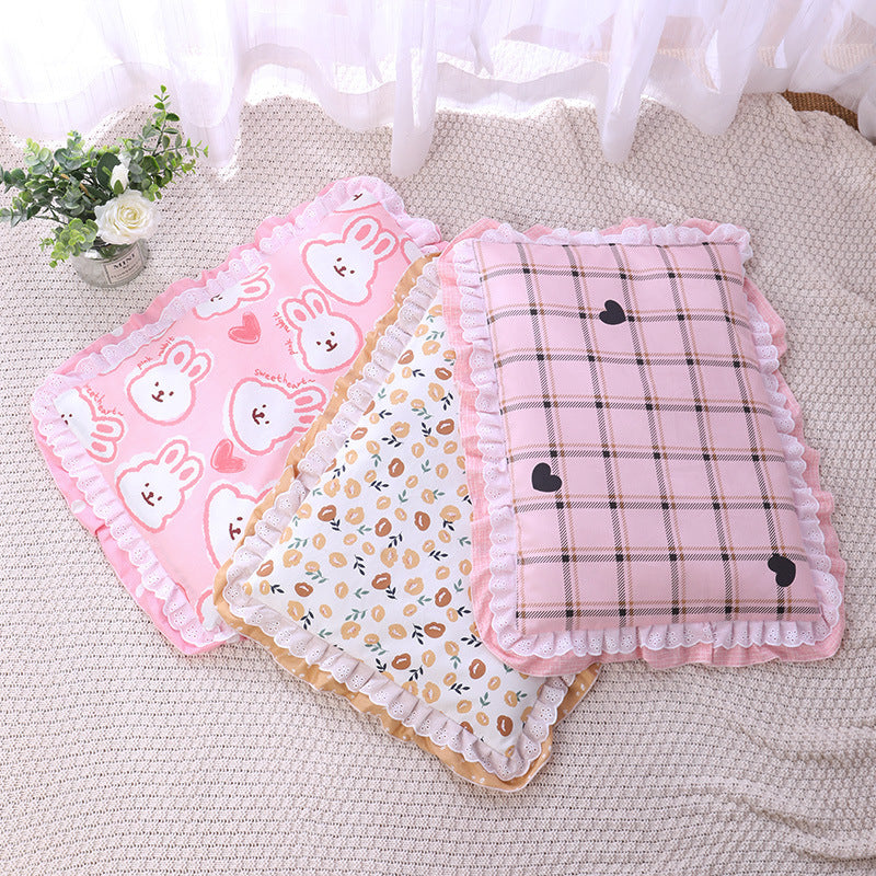 HKM-196371 Cotton Three-Piece Cat Mattress Set with Blanket for Pets in Apricot, Blue, and Pink Patterns