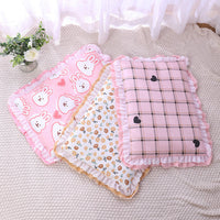 HKM-196371 Cotton Three-Piece Cat Mattress Set with Blanket for Pets in Apricot, Blue, and Pink Patterns
