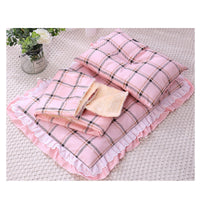 HKM-196371 Cotton Three-Piece Cat Mattress Set with Blanket for Pets in Apricot, Blue, and Pink Patterns