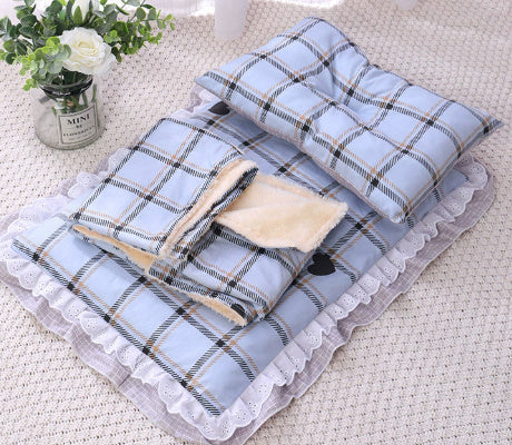 HKM-196371 Cotton Three-Piece Cat Mattress Set with Blanket for Pets in Apricot, Blue, and Pink Patterns