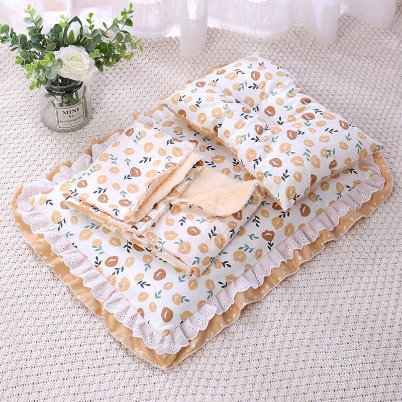 HKM-196371 Cotton Three-Piece Cat Mattress Set with Blanket for Pets in Apricot, Blue, and Pink Patterns