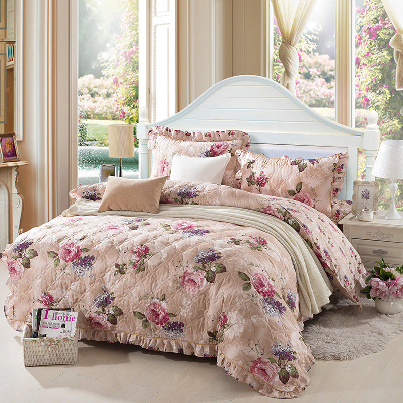 HKM-196883 Floral Pattern Padded Cotton Non-Slip Bed Skirt Set for Multiple Bed Sizes