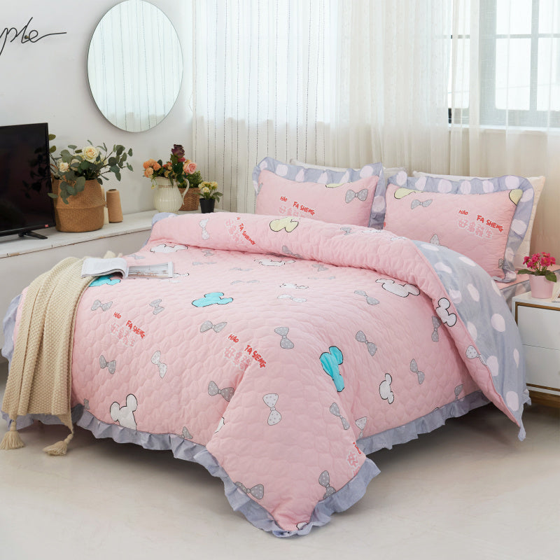 HKM-196883 Floral Pattern Padded Cotton Non-Slip Bed Skirt Set for Multiple Bed Sizes