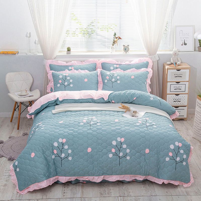 HKM-196883 Floral Pattern Padded Cotton Non-Slip Bed Skirt Set for Multiple Bed Sizes