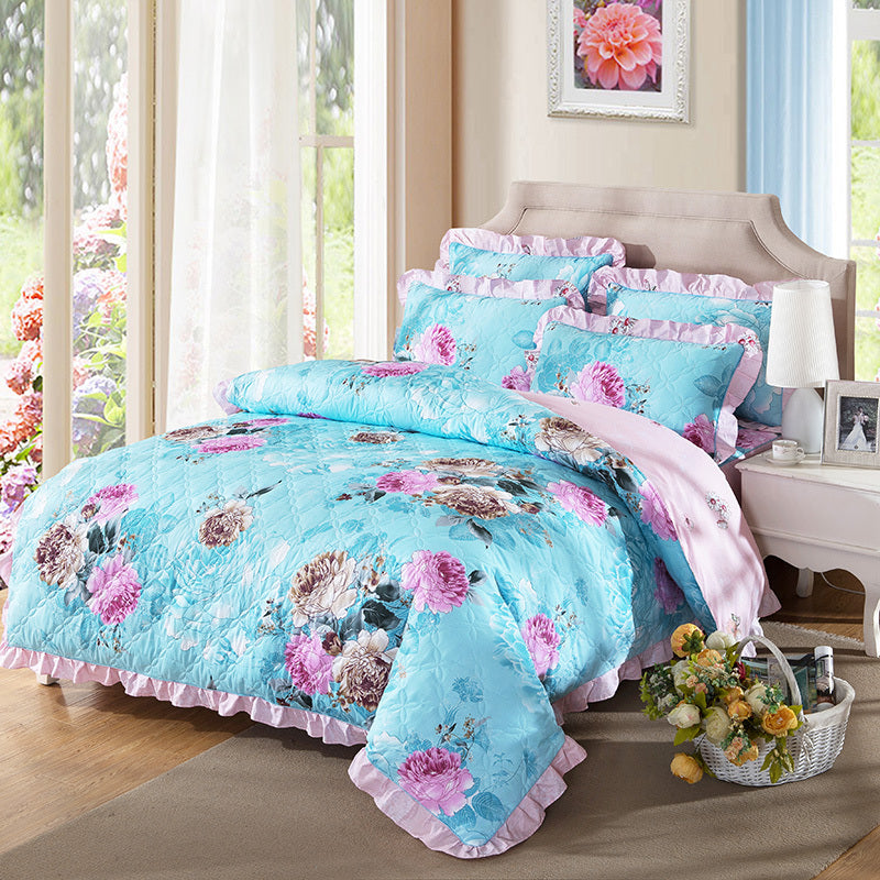 HKM-196883 Floral Pattern Padded Cotton Non-Slip Bed Skirt Set for Multiple Bed Sizes
