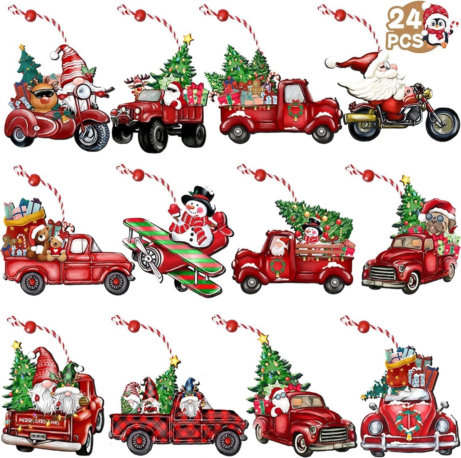 HKM-197011 24-Piece Wooden Christmas Hanging Ornaments Set, Dwarf and Truck Designs