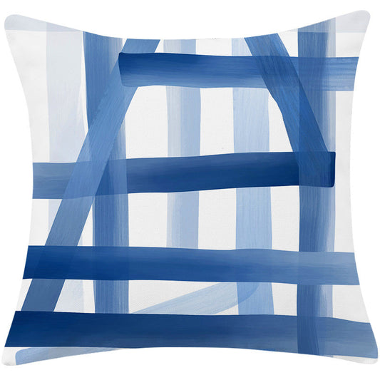 HKM-197779 Mediterranean Blue Cotton and Linen Square Pillow with Geometric Pattern - 45x45cm