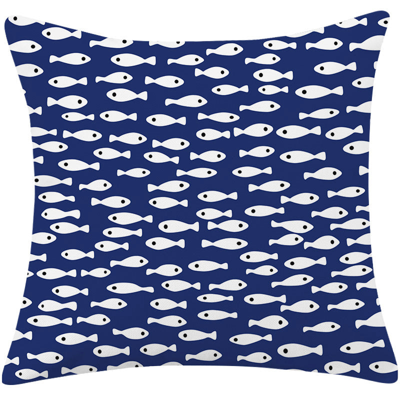 HKM-197779 Mediterranean Blue Cotton and Linen Square Pillow with Geometric Pattern - 45x45cm