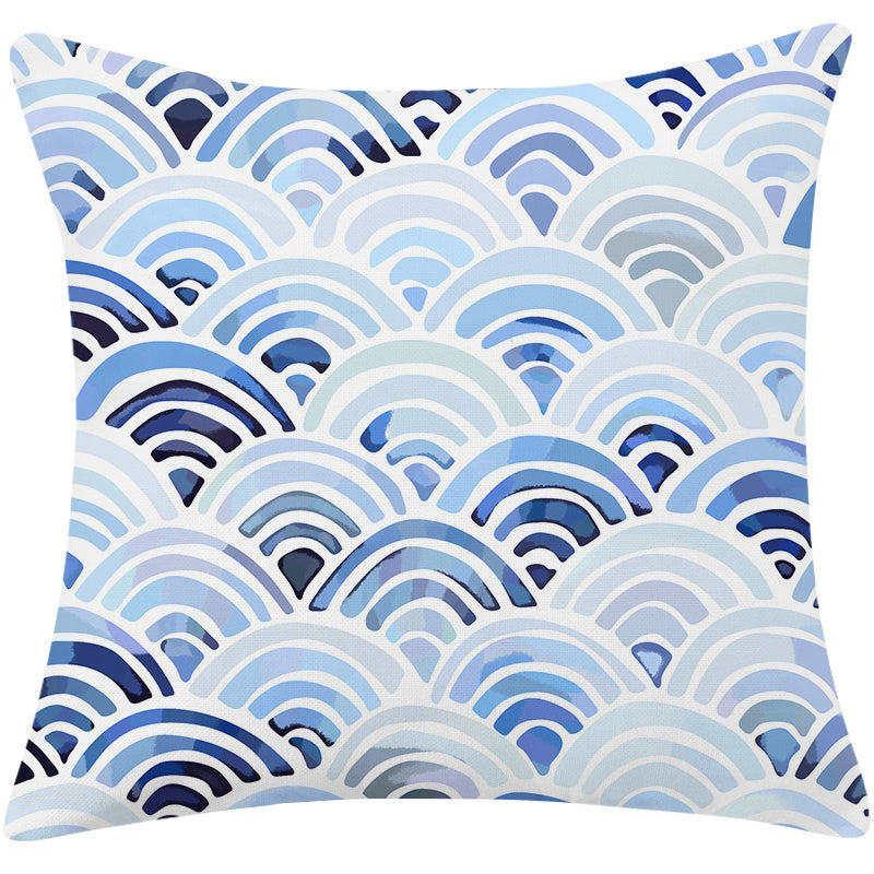 HKM-197779 Mediterranean Blue Cotton and Linen Square Pillow with Geometric Pattern - 45x45cm