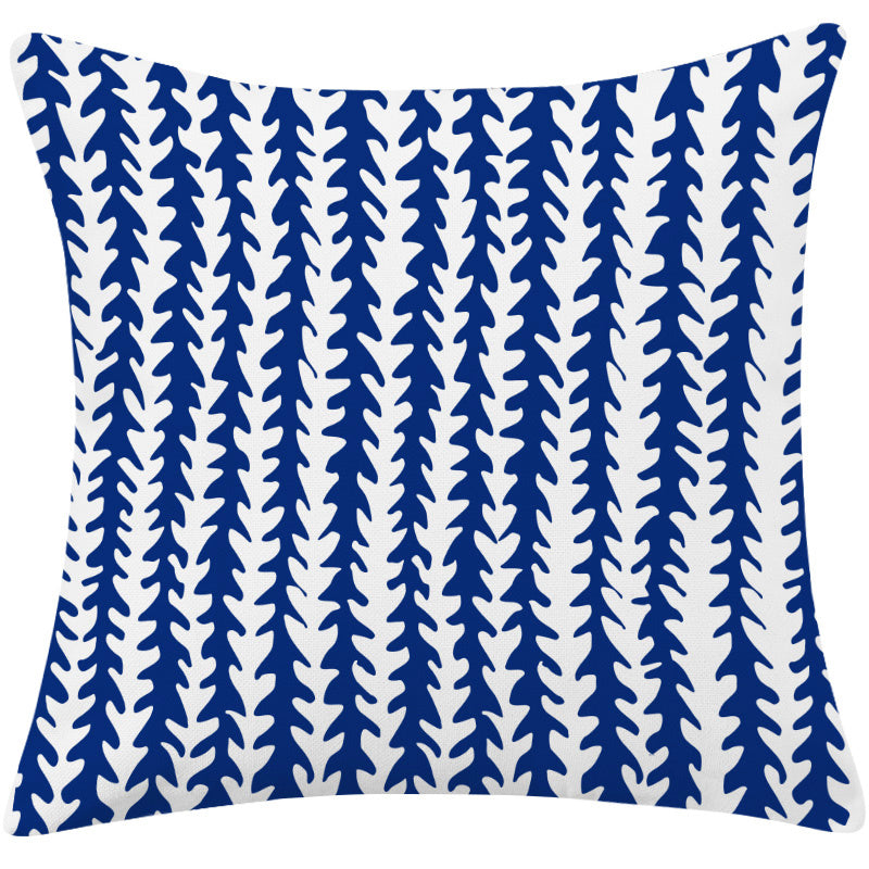 HKM-197779 Mediterranean Blue Cotton and Linen Square Pillow with Geometric Pattern - 45x45cm