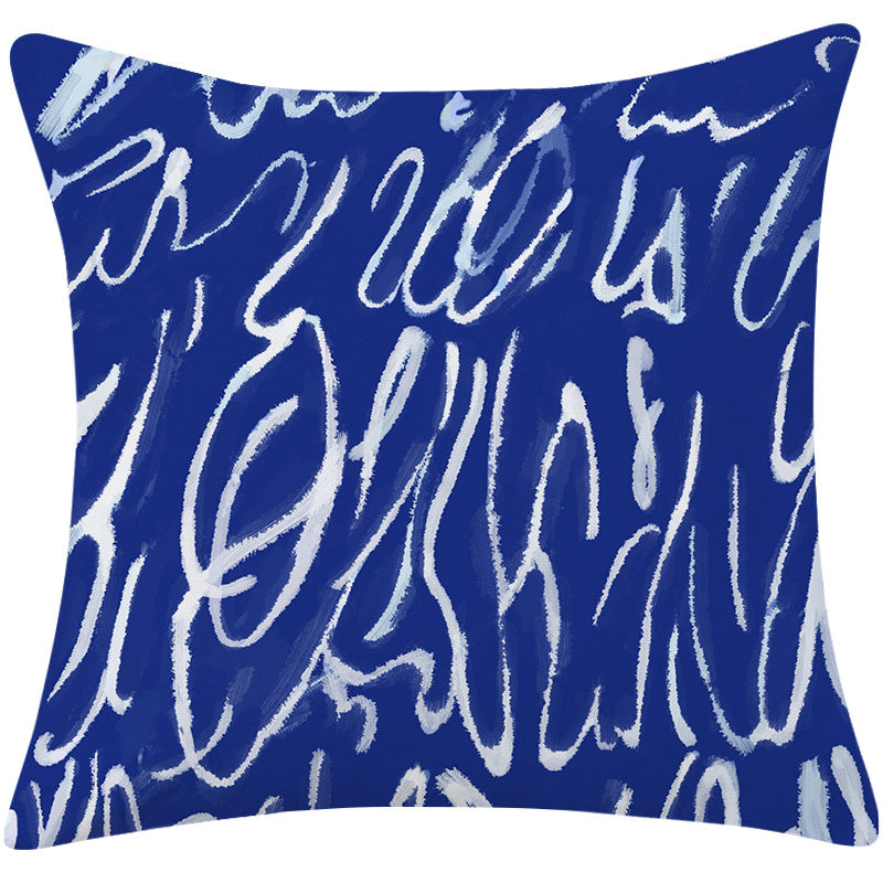 HKM-197779 Mediterranean Blue Cotton and Linen Square Pillow with Geometric Pattern - 45x45cm