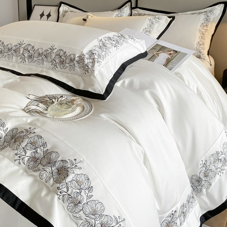 HKM-198547 Solid Color Cotton Embroidered Four-Piece Bedding Set for 1.5m and 1.8m Beds