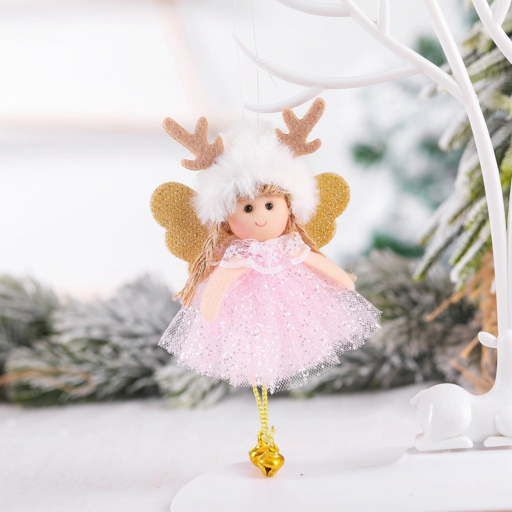HKM-198995 Christmas Angel Pendant with Sequined Antlers and Bell - Decorative Yarn Ornament