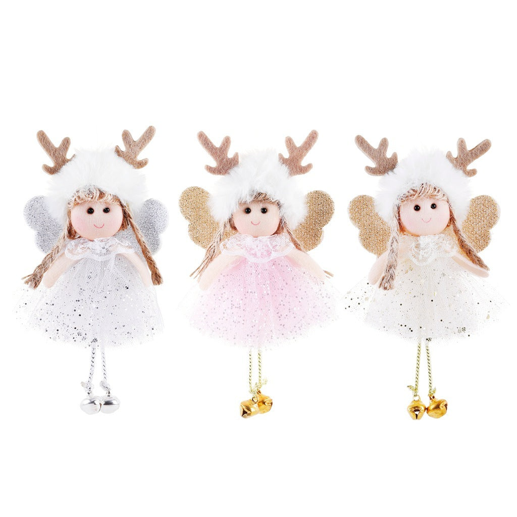 HKM-198995 Christmas Angel Pendant with Sequined Antlers and Bell - Decorative Yarn Ornament