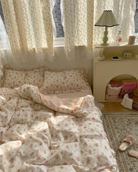 HKM-200851 Cotton Lace Bed Sheet Set with Quilt Cover and Bed Skirt - Minimalist Design