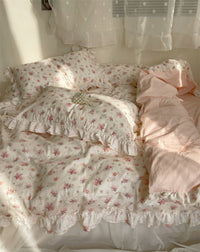HKM-200851 Cotton Lace Bed Sheet Set with Quilt Cover and Bed Skirt - Minimalist Design