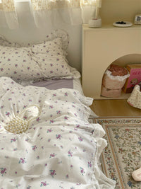 HKM-200851 Cotton Lace Bed Sheet Set with Quilt Cover and Bed Skirt - Minimalist Design