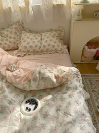 HKM-200851 Cotton Lace Bed Sheet Set with Quilt Cover and Bed Skirt - Minimalist Design