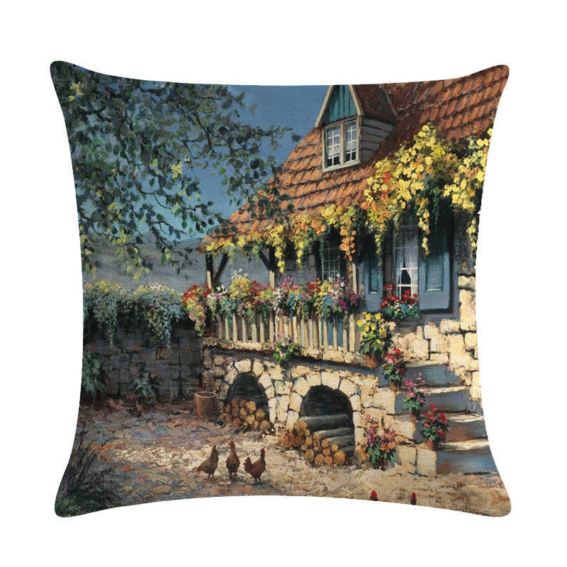 HKM-201299 Rural Landscape Series Linen Pillowcase - 45x45cm Cotton Filling