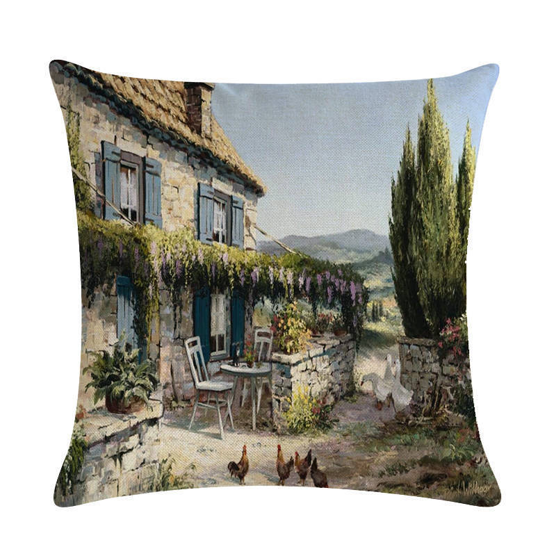 HKM-201299 Rural Landscape Series Linen Pillowcase - 45x45cm Cotton Filling