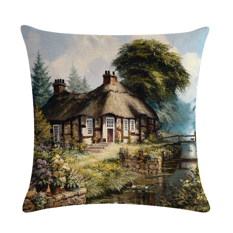 HKM-201299 Rural Landscape Series Linen Pillowcase - 45x45cm Cotton Filling
