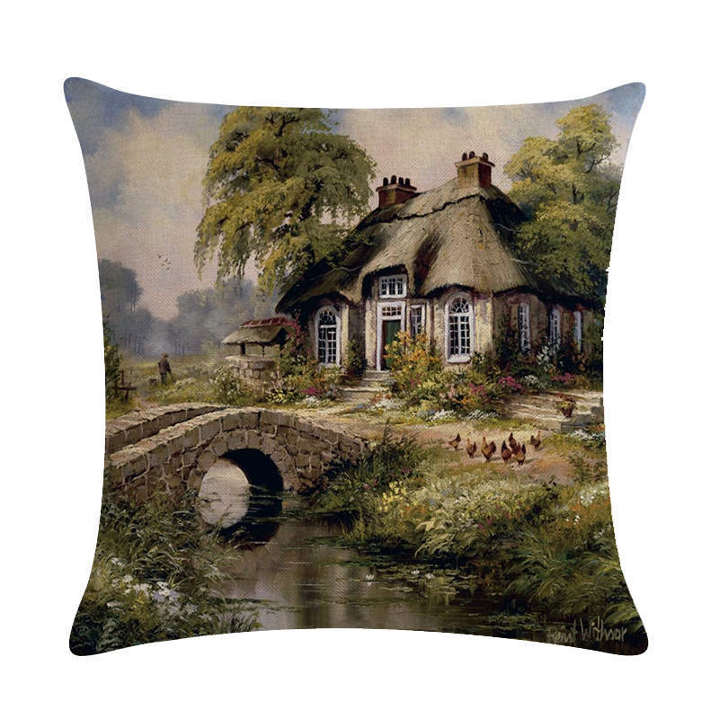 HKM-201299 Rural Landscape Series Linen Pillowcase - 45x45cm Cotton Filling