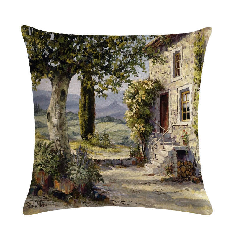 HKM-201299 Rural Landscape Series Linen Pillowcase - 45x45cm Cotton Filling