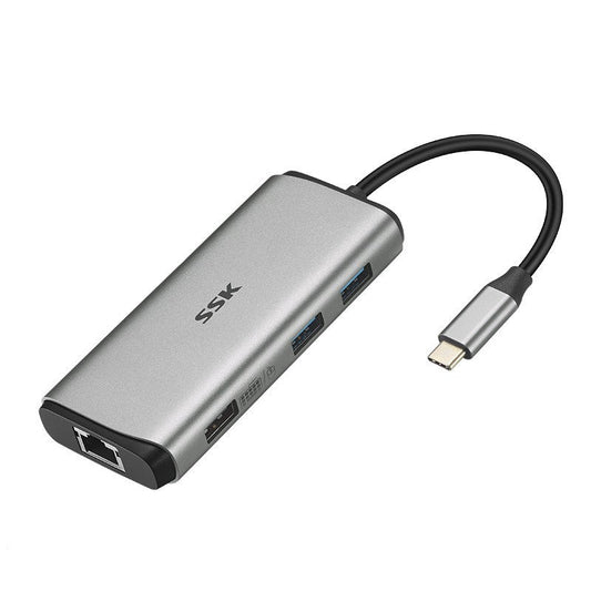 HKM-202067 Universal Type-C Multiport Adapter with HDMI, VGA, USB 3.0, Network Port, and SD Card Reader