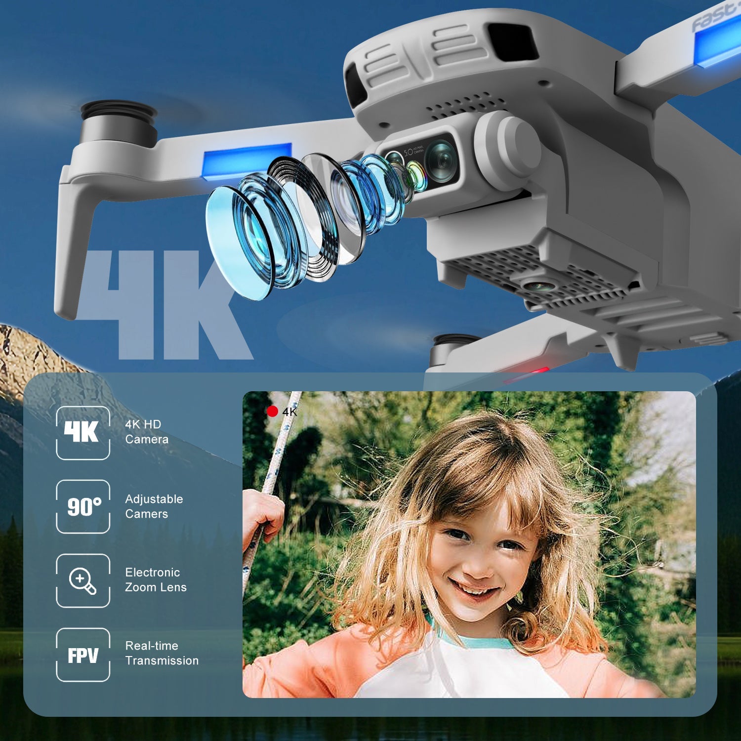 HKM-202515 4DRC F8 GPS RC Drone with 4K Dual Camera, 4.5" HD Screen, Follow Me Mode, and 60 Min Flight Time