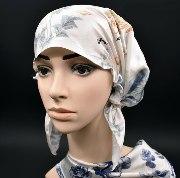 HKM-202579 Satin Flower Print Nightcap with Short Brim for Home Hair Care
